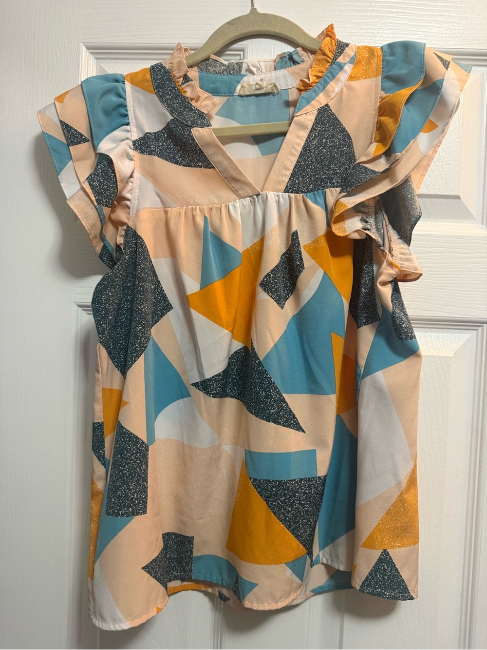 entro Geometric Ruffle Sleeve Blouse in Teal, Mustard & Peach